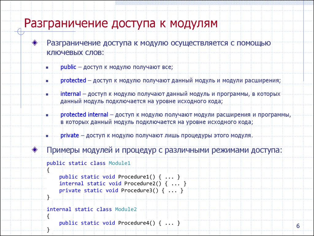 Процедура модуля. Разграничение доступа к информации. Разграничение доступа по коду. Разграничение доступа в классе программирование. Разграничение может осуществляться:.