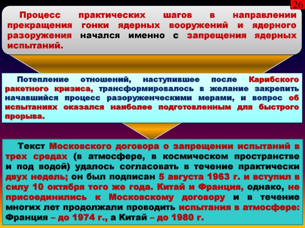 Запрет испытаний. Направления разоружения. Процесс ядерного разоружения. Прекращение гонки вооружений ядерных 1980. Практический процесс.