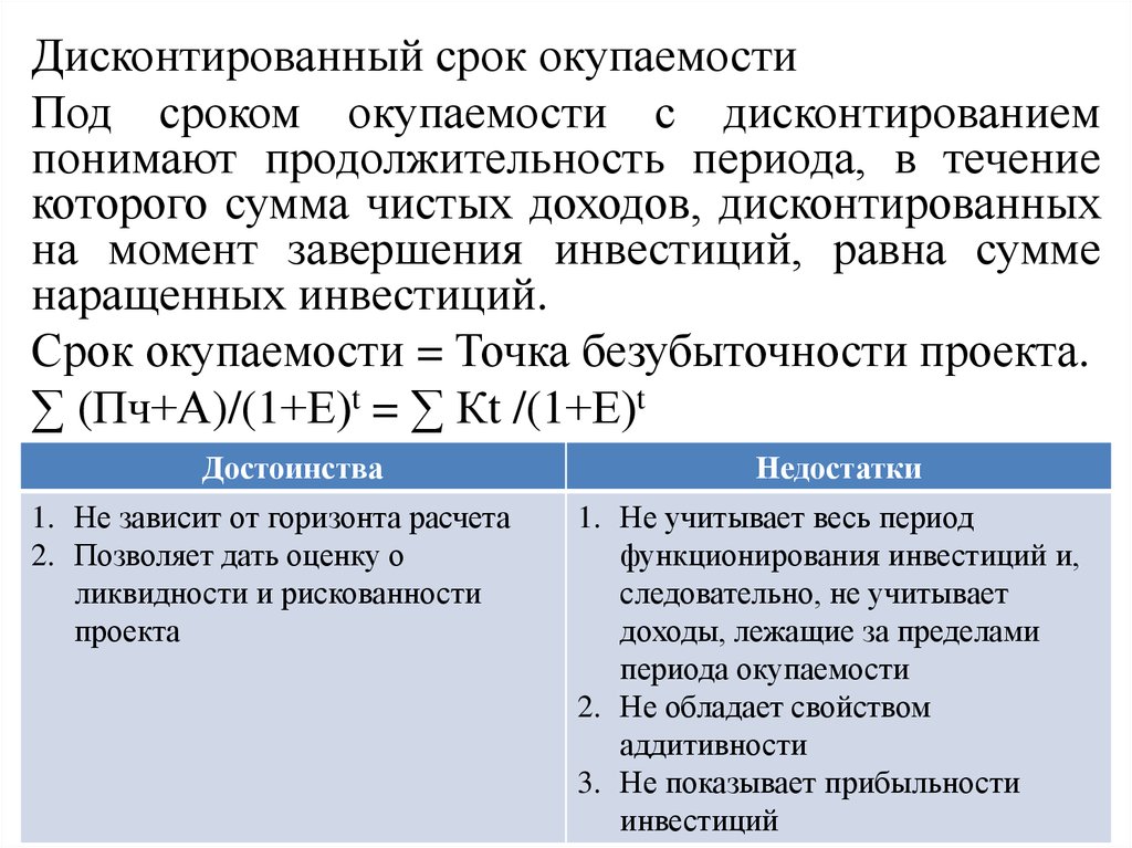 Дисконтирования периода окупаемости. Дисконтированный срок окупаемости. Метод периода окупаемости. Под сроком окупаемости понимают. Срок окупаемости достоинства и недостатки.