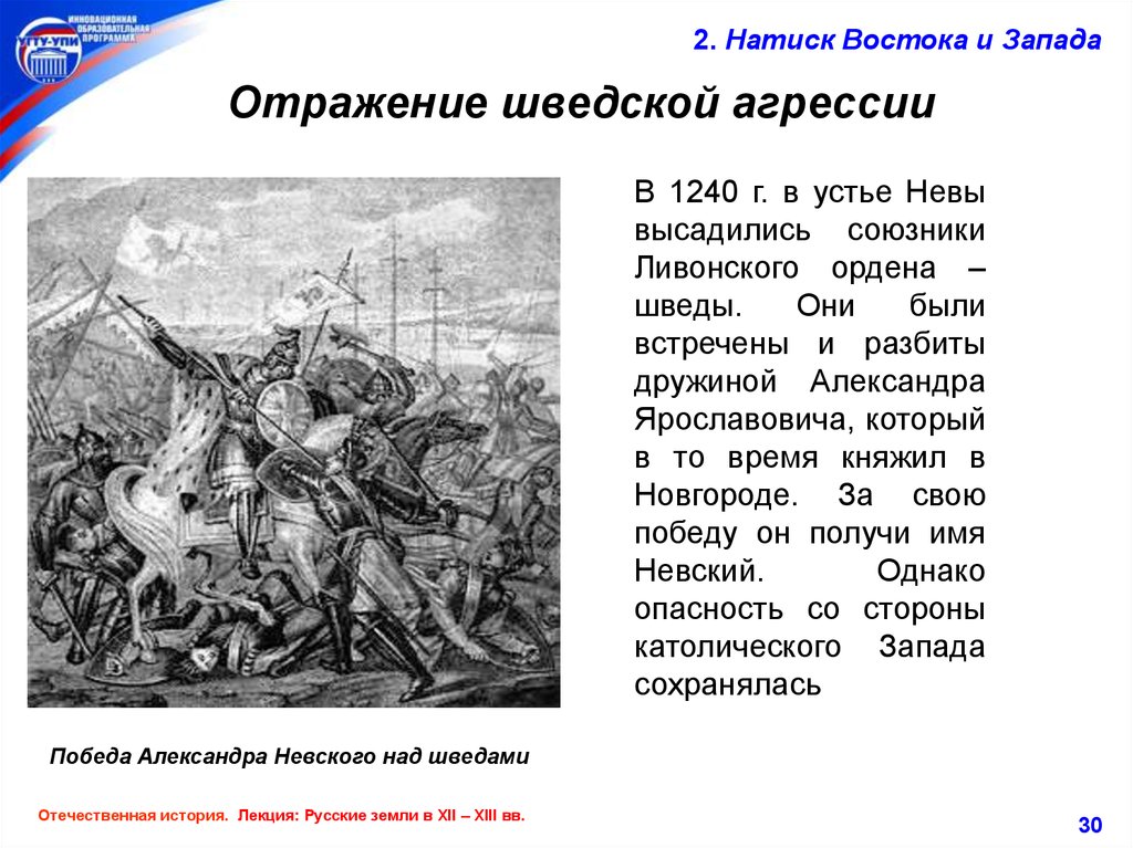 Запишите название пропущенное в схеме отражение агрессии с запада александром невским