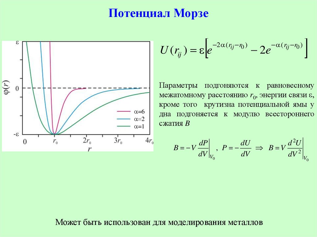 Потенциальный параметр. Потенциал Морзе. Формула Морзе. Энергия потенциала Морзе. Потенциал Морзе формула.