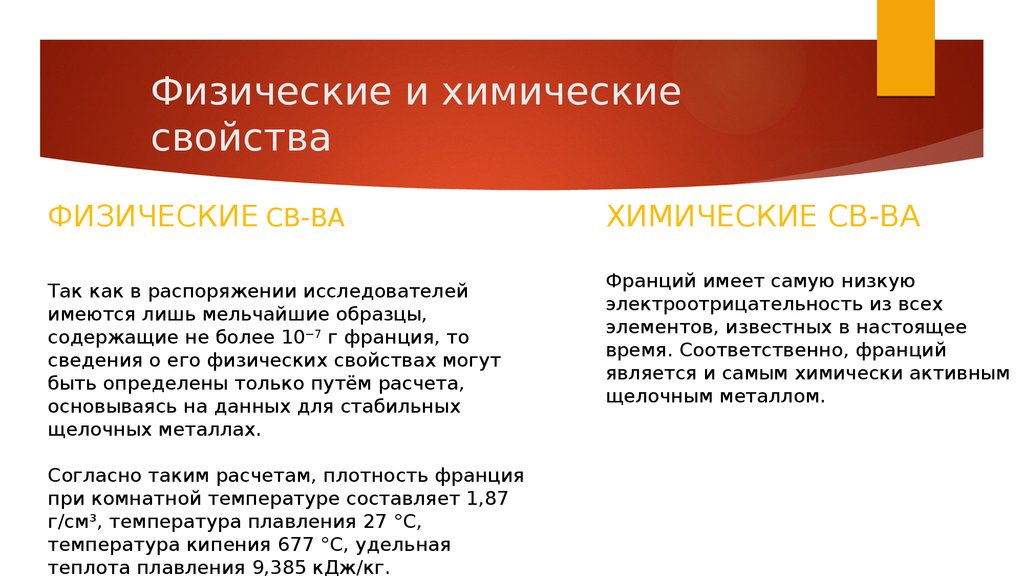 Франций какой период. Франций физические свойства. Химические свойства Франция. Физические свойства Франция. Физические и химические свойства Франция.