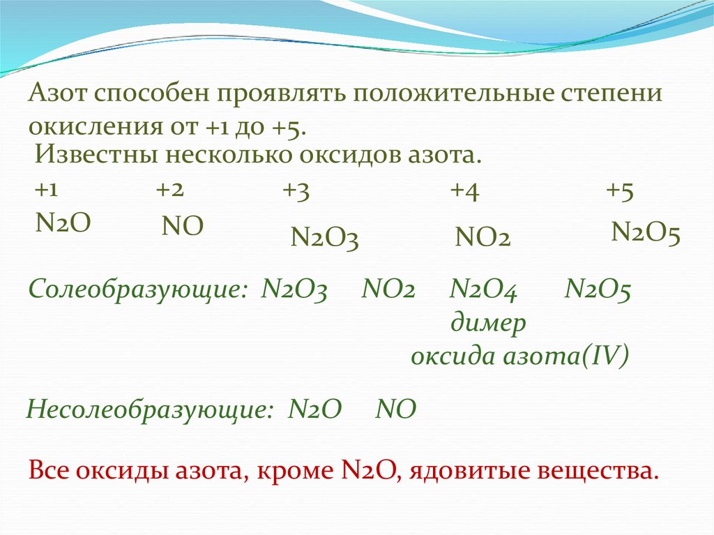 Азот и т д. Формула соединения и степень окисления азота. Оксид азота 1 формула степень окисления. Азот со степенью окисления +1 +2 +3 +5. Азот может проявлять отрицательные степени окисления.