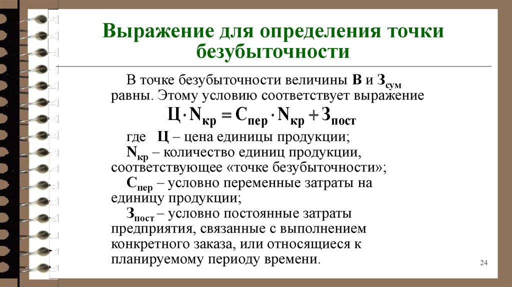 Прибыль и рентабельность. Обоснование точки безубыточности предприятия. Физический объем продукции в точке безубыточности определяется:. Точка безубыточности слайды презентации.