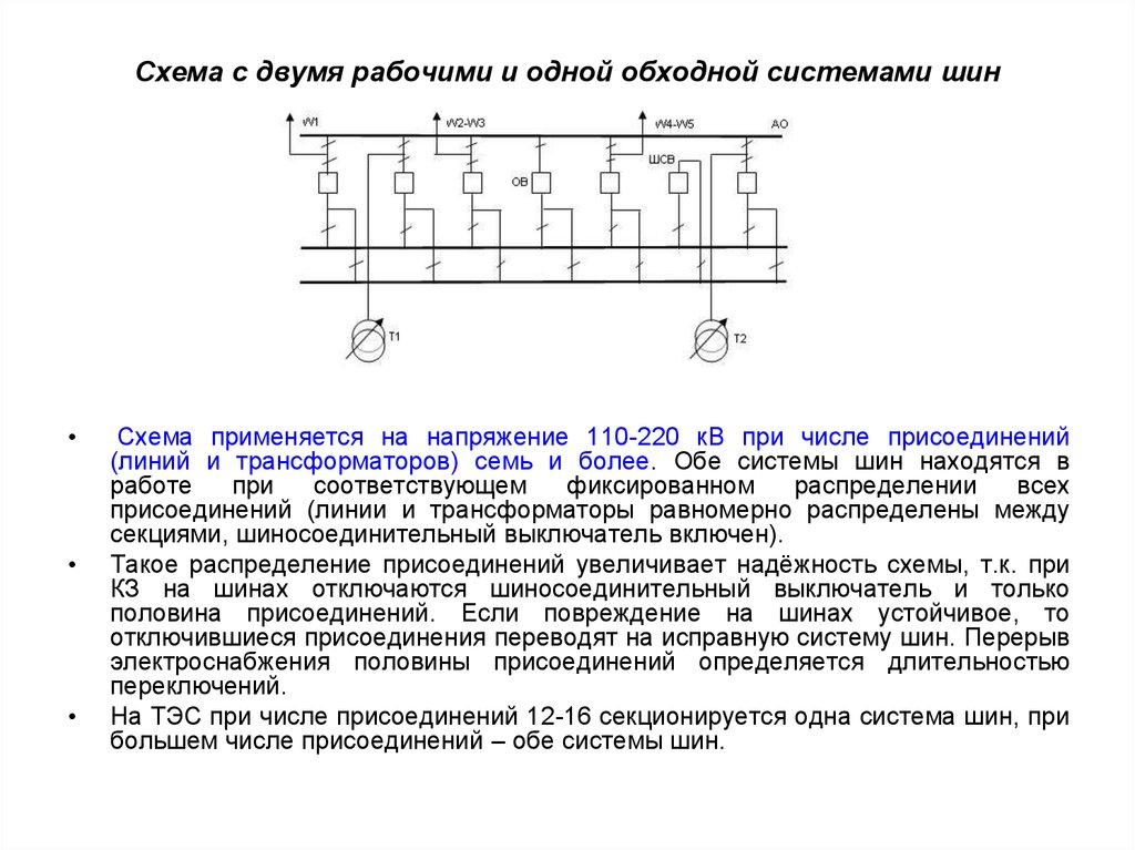 Схема с одной рабочей секционированной выключателем и обходной системой шин