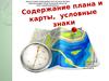 Содержание плана и карты, условные знаки