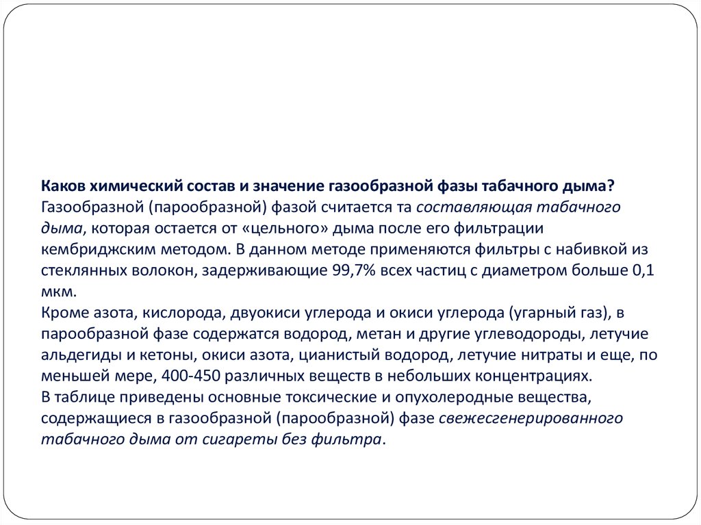 Каков химический состав и значение газообразной фазы табачного дыма? Газообразной (парообразной) фазой считается