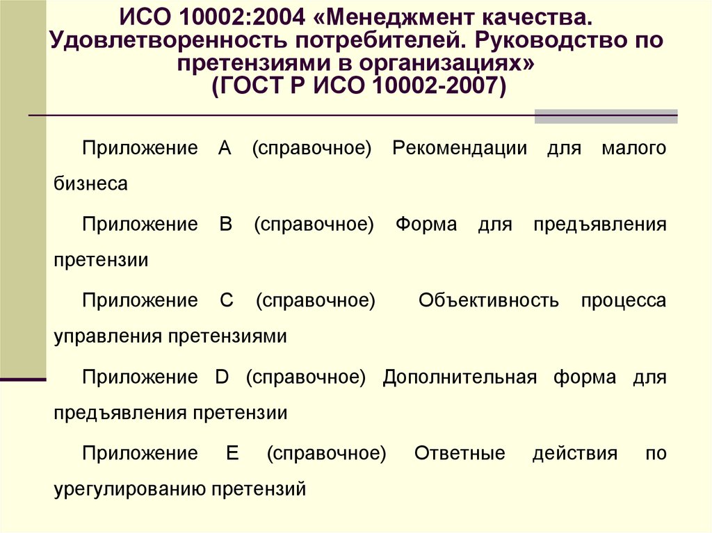 ИСО 10002:2004 «Менеджмент качества. Удовлетворенность потребителей. Руководство по претензиями в организациях» (ГОСТ Р ИСО