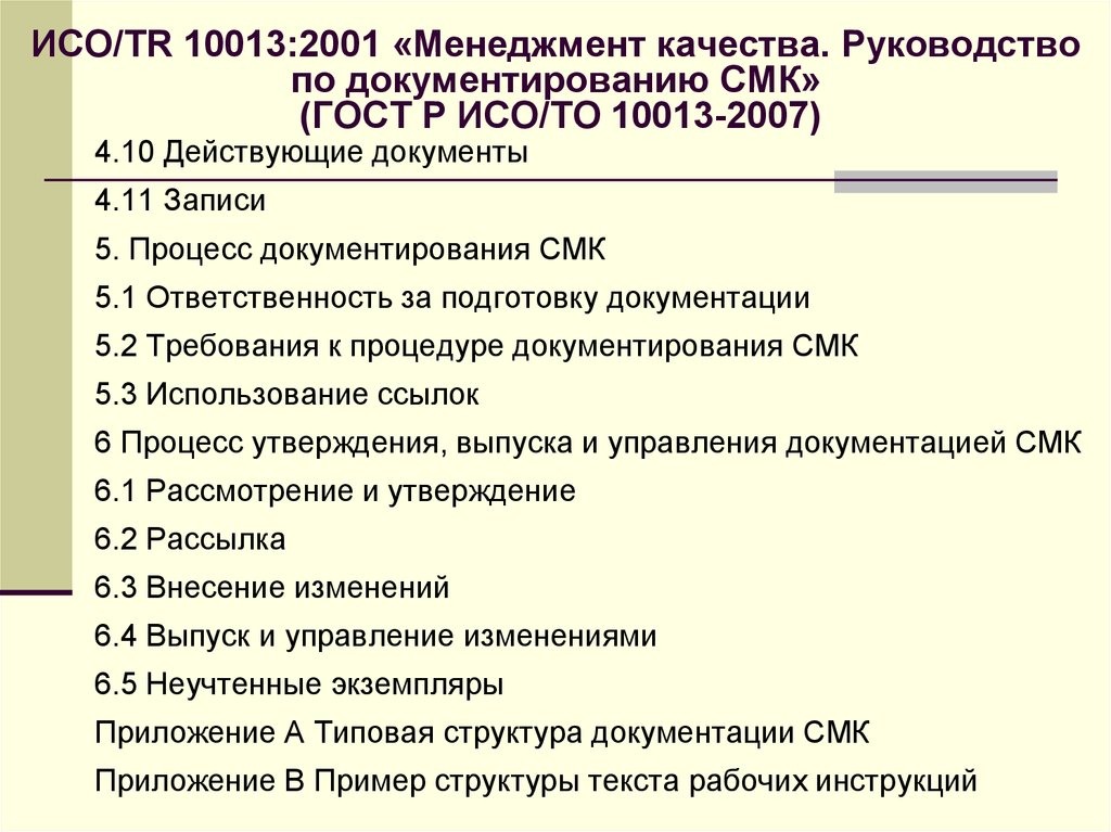 ИСО/TR 10013:2001 «Менеджмент качества. Руководство по документированию СМК» (ГОСТ Р ИСО/ТО 10013-2007)