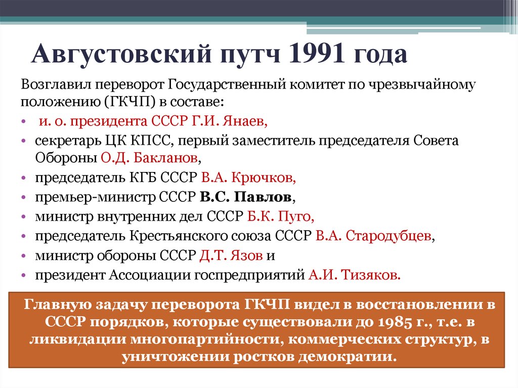 Хронология распада. Августовский кризис 1991 ГКЧП. Хроника событий августовский путч 1991.