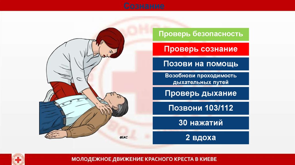 Проверить безопасность. Проверка проходимости дыхательных путей. Проверить в сознание и дыхание.