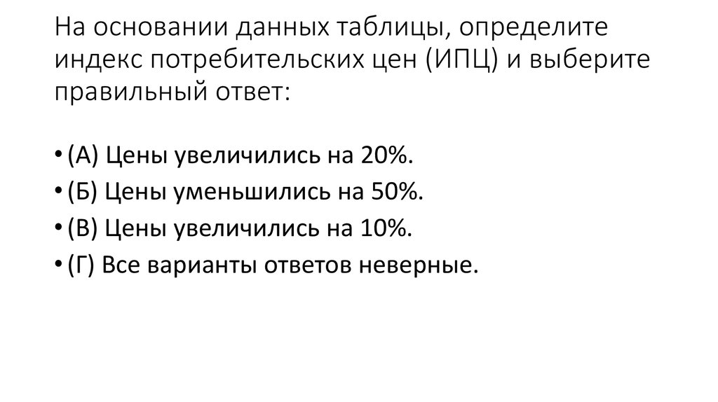 На основании данных таблицы, определите индекс потребительских цен (ИПЦ) и выберите правильный ответ: