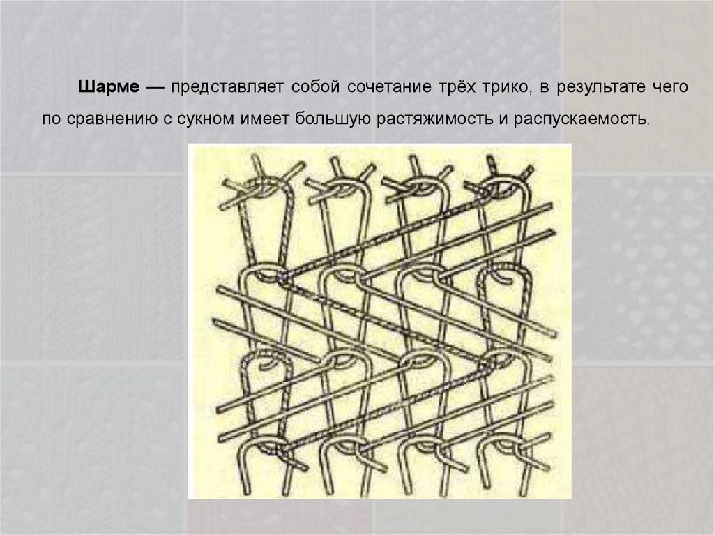 Класс трикотажного полотна. Рисунчатые переплетения трикотажа. Перекос трикотажного полотна. Перекручивание трикотажного полотна. Трикотажное полотно с 3 группой растяжимости.