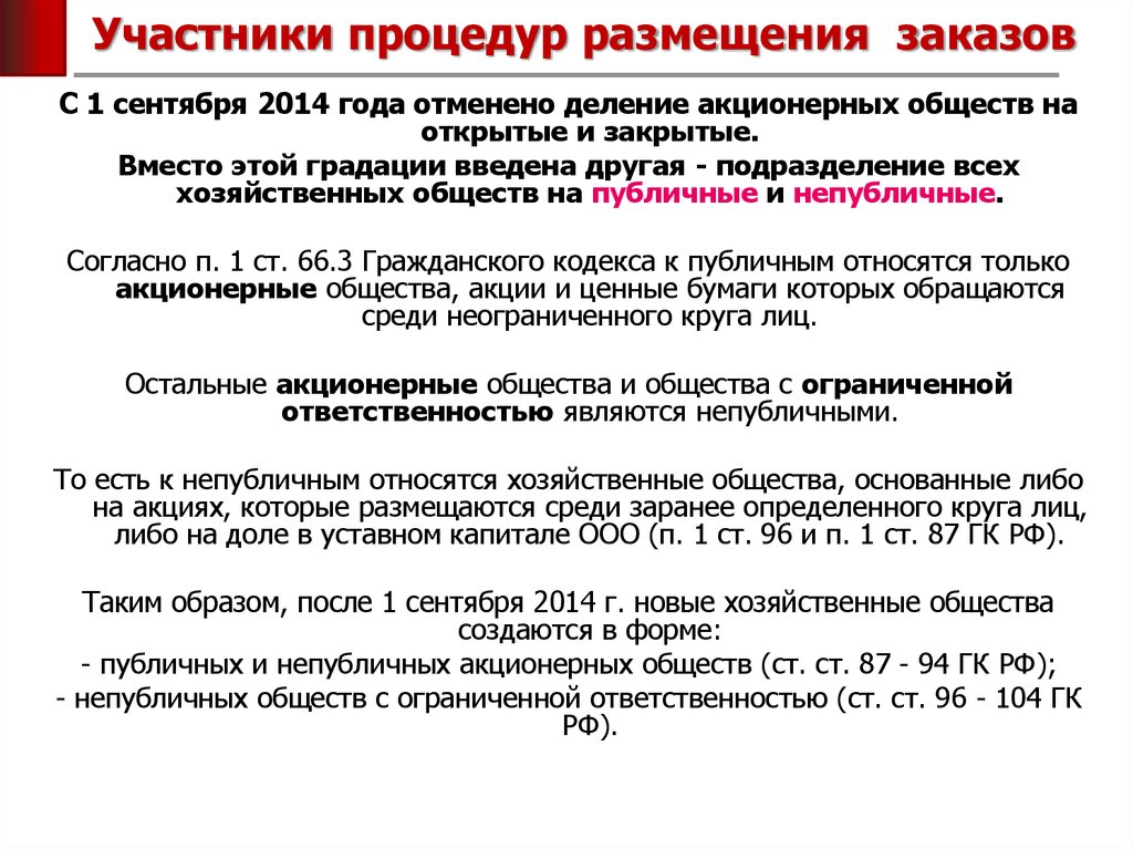 Публичные и непубличные хозяйственные общества. Публичный и непубличный договор. Процедура размещения заказа. Процедура размещена.