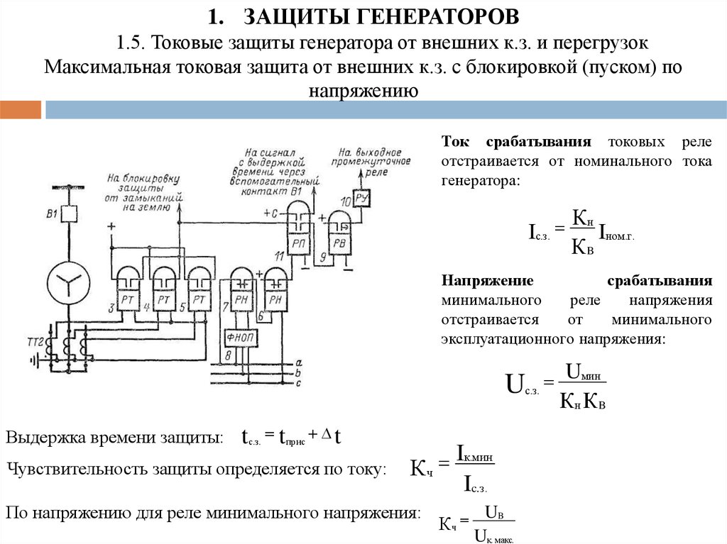 Структурная схема защиты генератора от внешнего короткого замыкания. Дистанционная защита генератора. Максимальная токовая защита трансформатора. Дифференциальная защита генератора.