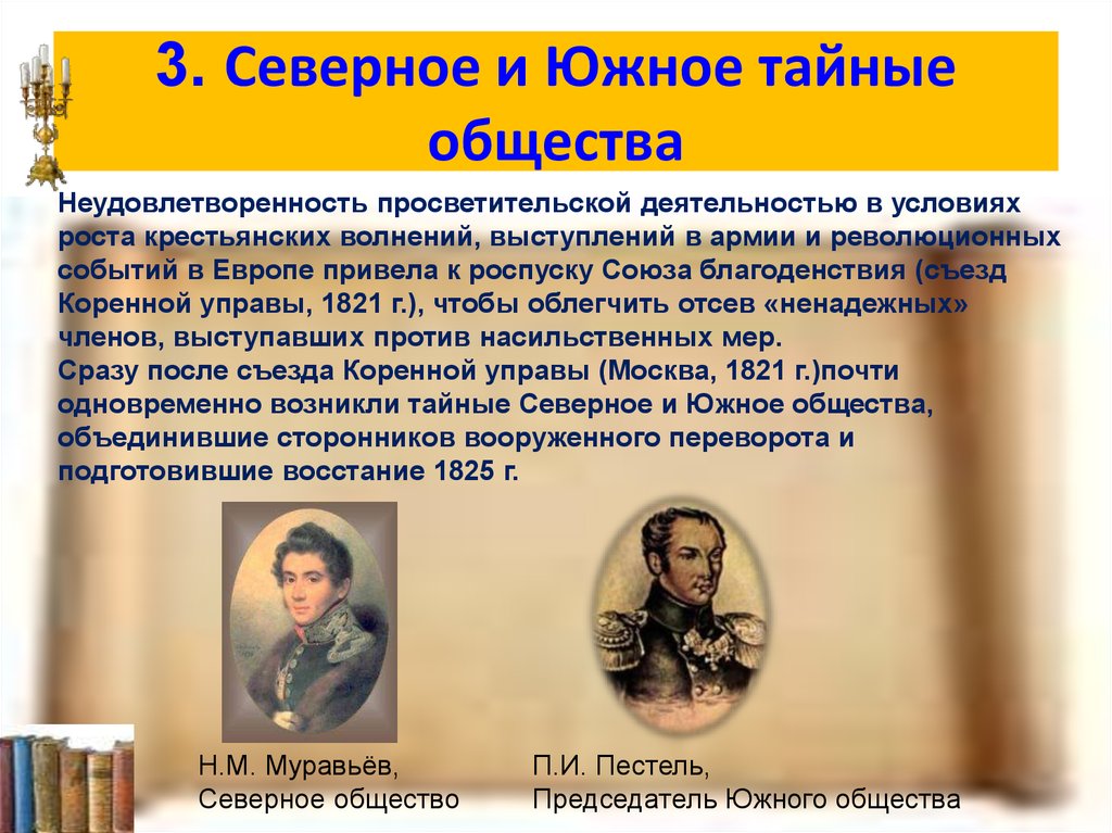 Годы южного и северного общества. Союз благоденствия Северное и Южное общества. 1821 – Образование Северного и Южного обществ Декабристов. Южное и Северное тайные общества. Северное и Южнте тацнре оьещство.