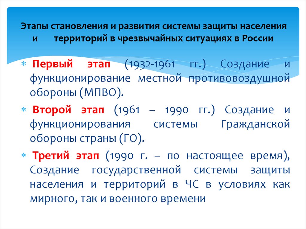 Этапы становления и развития системы защиты населения и территорий в чрезвычайных ситуациях в России