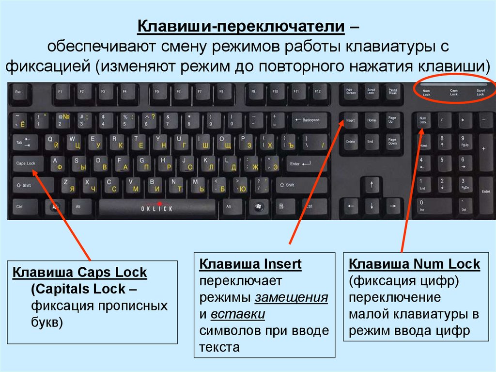 Клавиши-переключатели – обеспечивают смену режимов работы клавиатуры с фиксацией (изменяют режим до повторного нажатия клавиши)