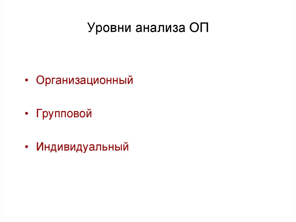 Групповой и индивидуальный уровни. Уровни анализа организационного поведения. Индивидуальный уровень.