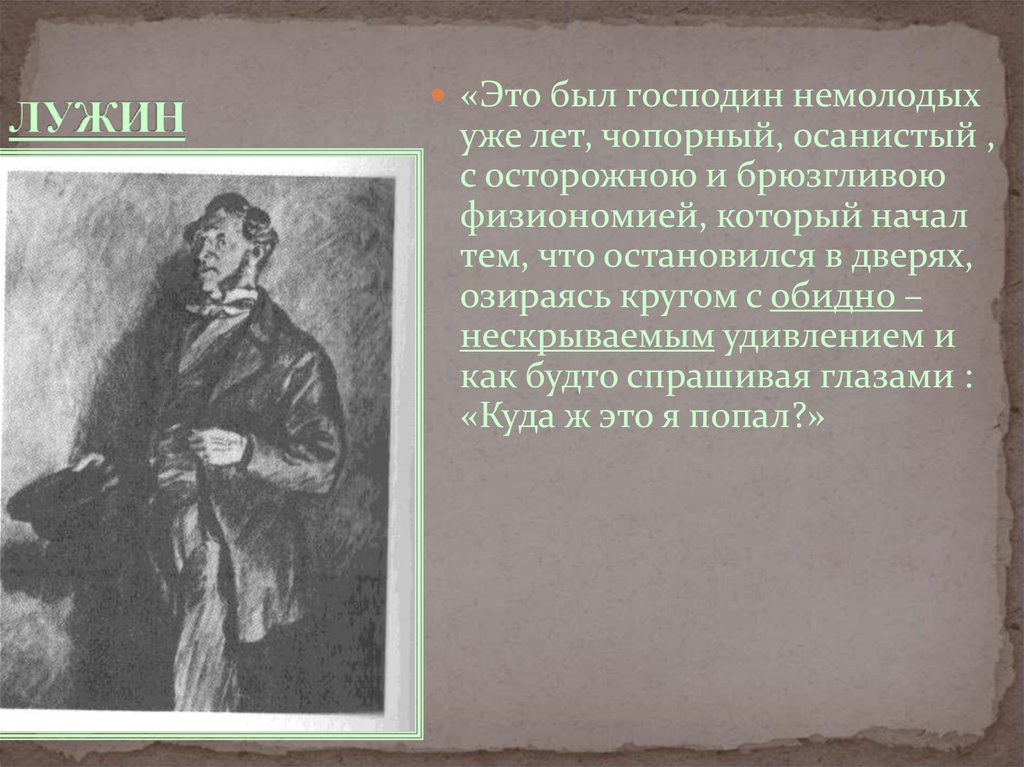 Образ лужина. Это был господин немолодых уже лет чопорный осанистый с осторожною. Господин немолодых уже лет чопорный. Чей это портрет это был господин уже немолодых лет.