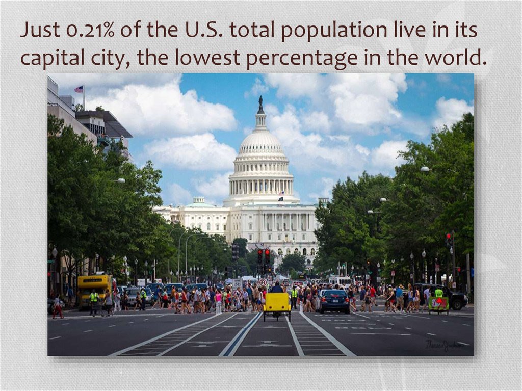 Just 0.21% of the U.S. total population live in its capital city, the lowest percentage in the world.