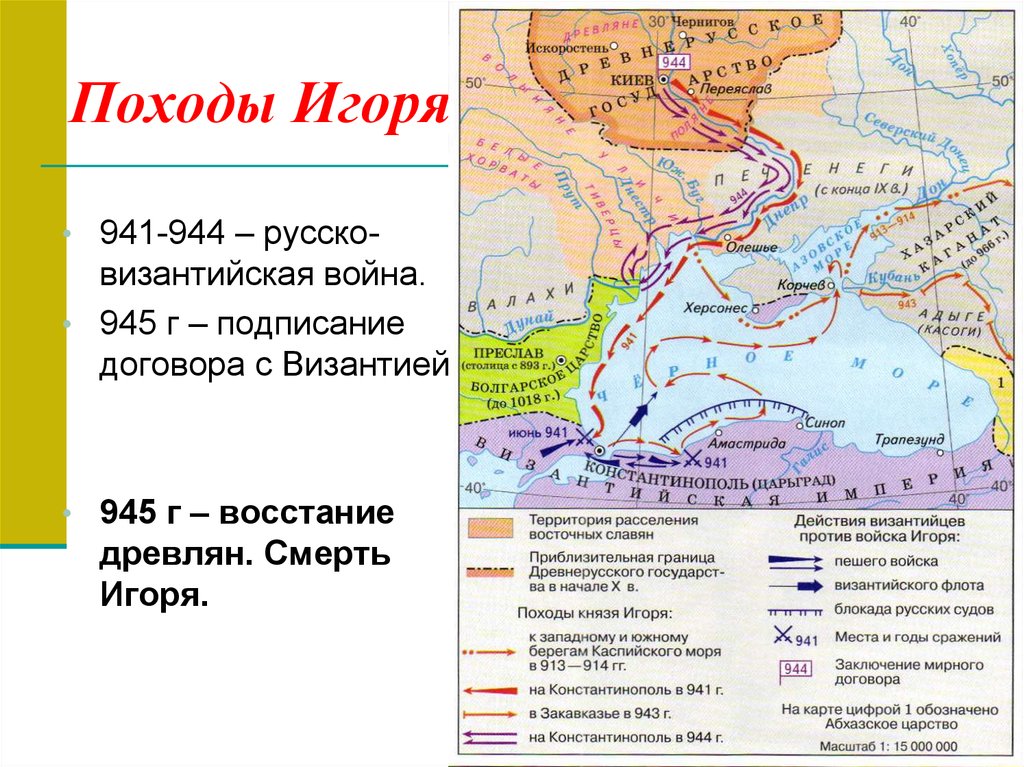 Обозначьте стрелками основные направления походов русских князей