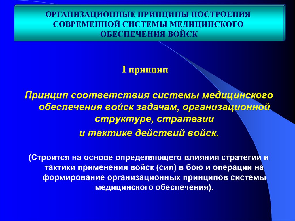 Принципы соответствия организации. Современная система лечебно-эвакуационных мероприятий. Принципы современной системы лечебно-эвакуационных мероприятий:. Принцип медицинского обеспечения в наступлении. Организационные принципы здравоохранения.