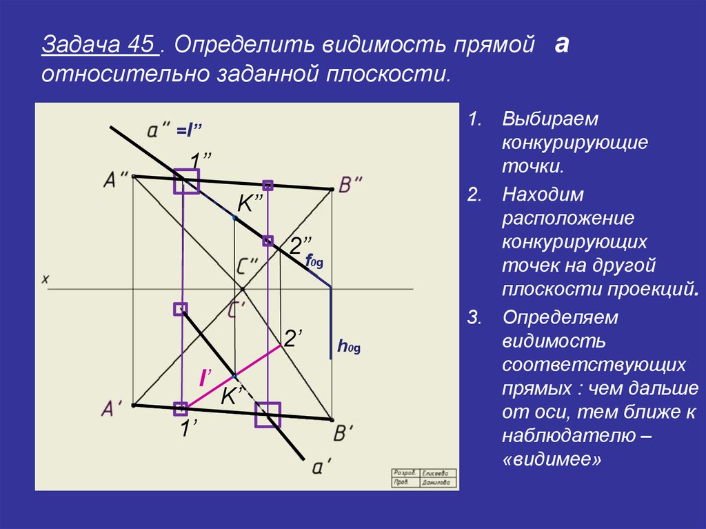 Точка пересечения х. Конкурирующие точки Начертательная геометрия. Видимость плоскостей Начертательная геометрия. Определить видимость прямой. Проекции конкурирующих точек.