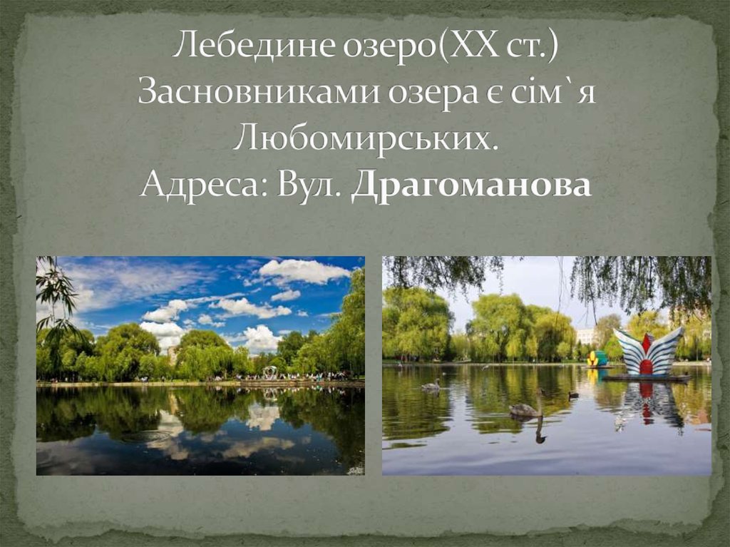 Лебедине озеро(XX ст.) Засновниками озера є сім`я Любомирських. Адреса: Вул. Драгоманова