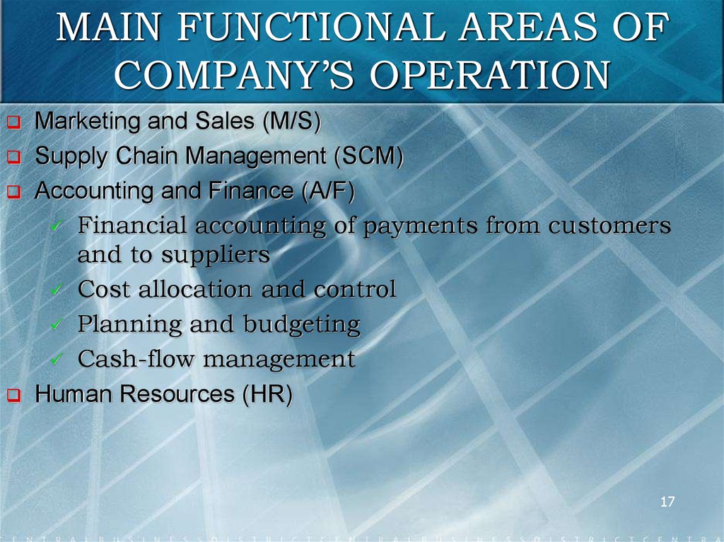 MAIN FUNCTIONAL AREAS OF COMPANY’S OPERATION