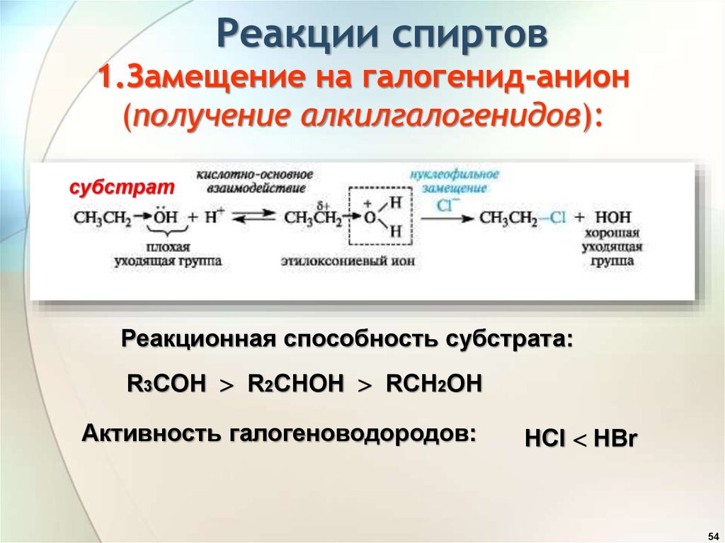 Реакции спиртов 1.Замещение на галогенид-анион (получение алкилгалогенидов):