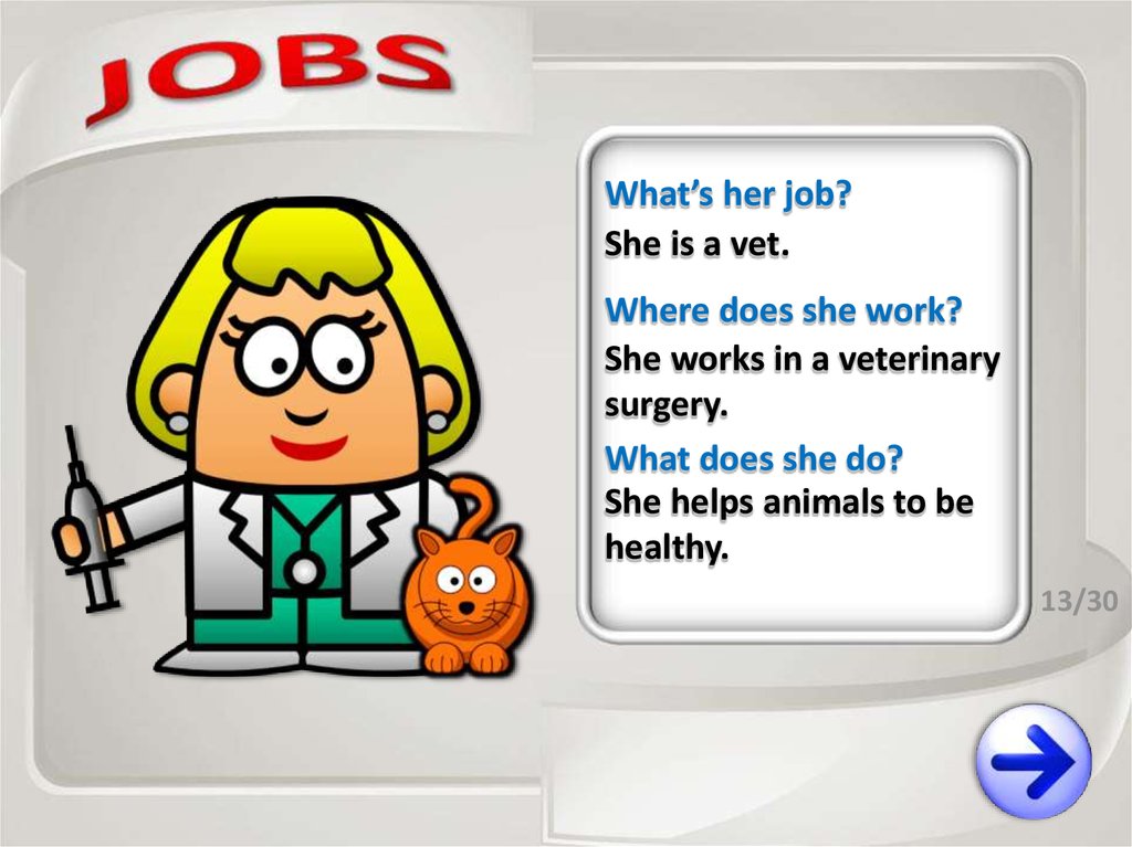Where you to work now. Where does she work. Guess the job. Veterinarian what does he do. What's the job guess.