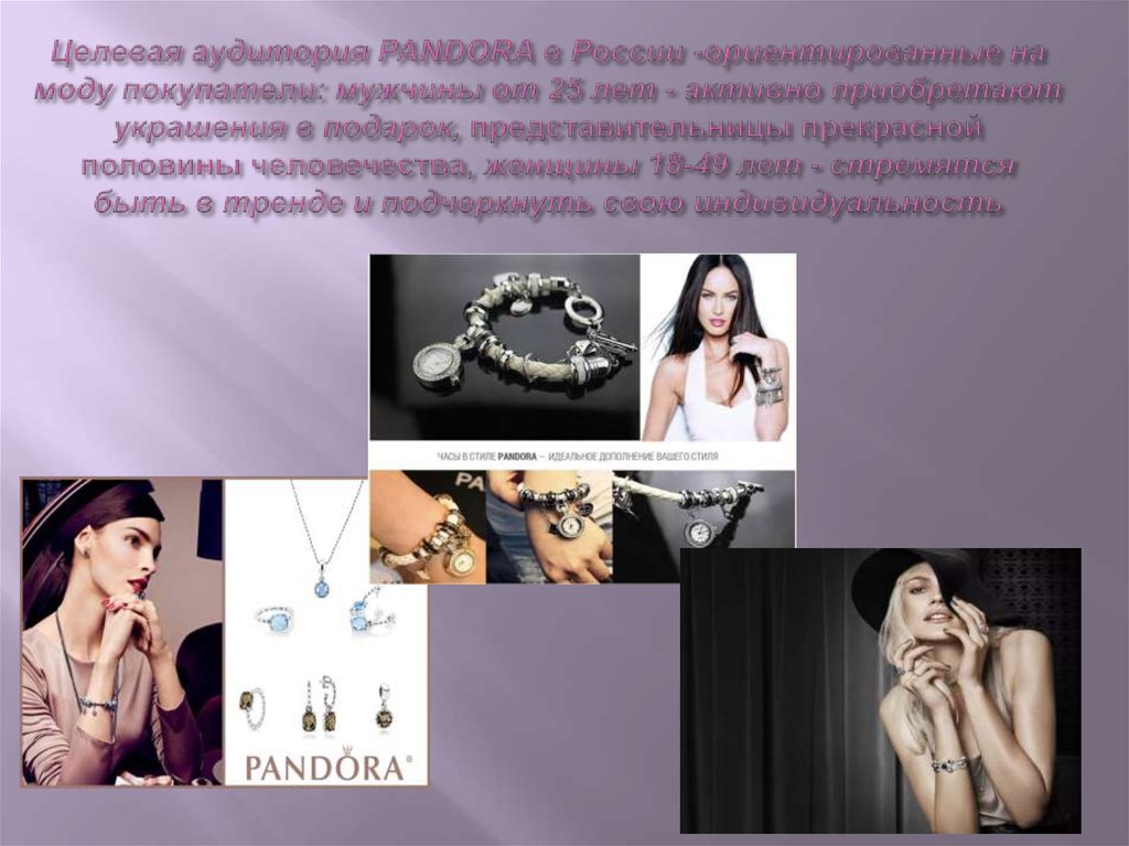 Целевая аудитория PANDORA в России -ориентированные на моду покупатели: мужчины от 25 лет - активно приобретают украшения в