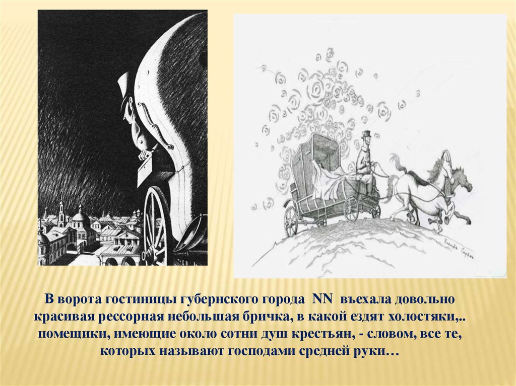 Чичиков не заметил как въехал. В ворота гостиницы губернского. В ворота гостиницы губернского города въехала довольно красивая. Рессорная Бричка Чичикова. В ворота гостиницы губернского города НН въехала.