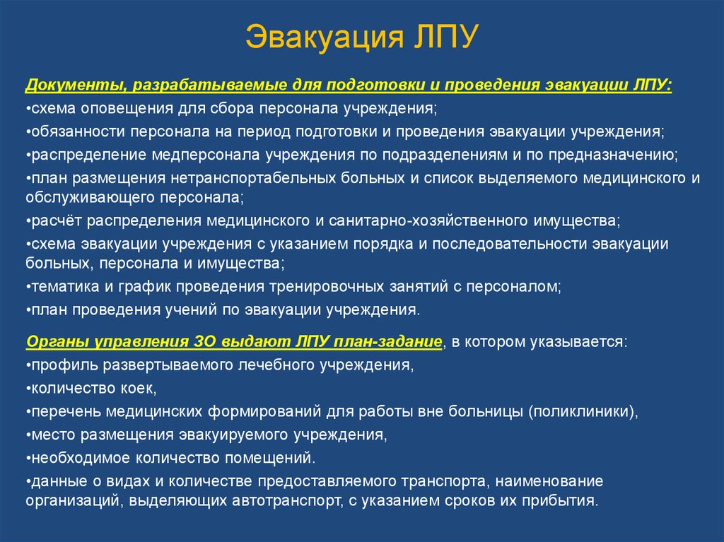 Период подготовки. Эвакуация лечебно-профилактических учреждений. Эвакуация ЛПУ при ЧС. План эвакуации ЛПУ. Порядок эвакуации ЛПУ.