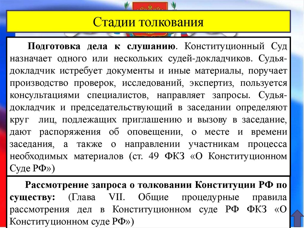 Конституционное толкование. Стадии толкования. Судья Докладчик истребует необходимые документы. Стадия подготовки дела к слушанию в Конституционном суде РФ. Порядок толкования Конституции.