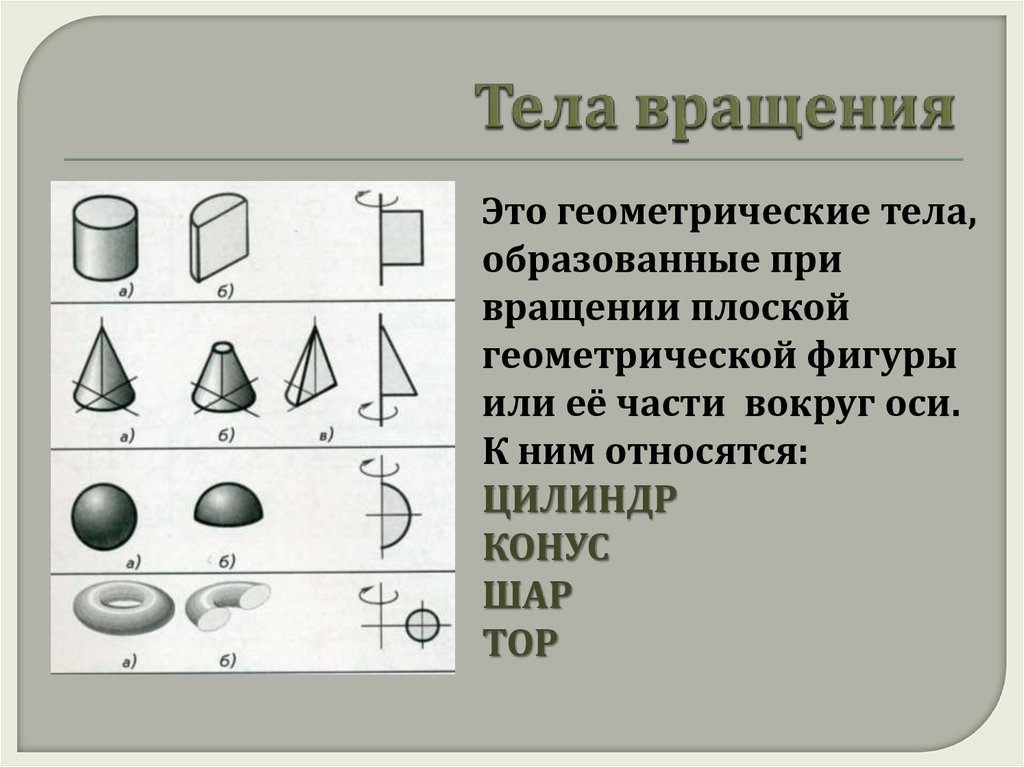 Показать на рисунках виды симметрий цилиндра конуса и шара