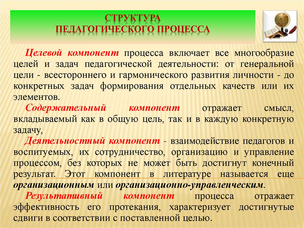 Содержательно это. Элементы структуры педагогического процесса. Целевой компонент педагогического процесса. Компоненты структуры пед процесса. Структурные элементы образовательного процесса.