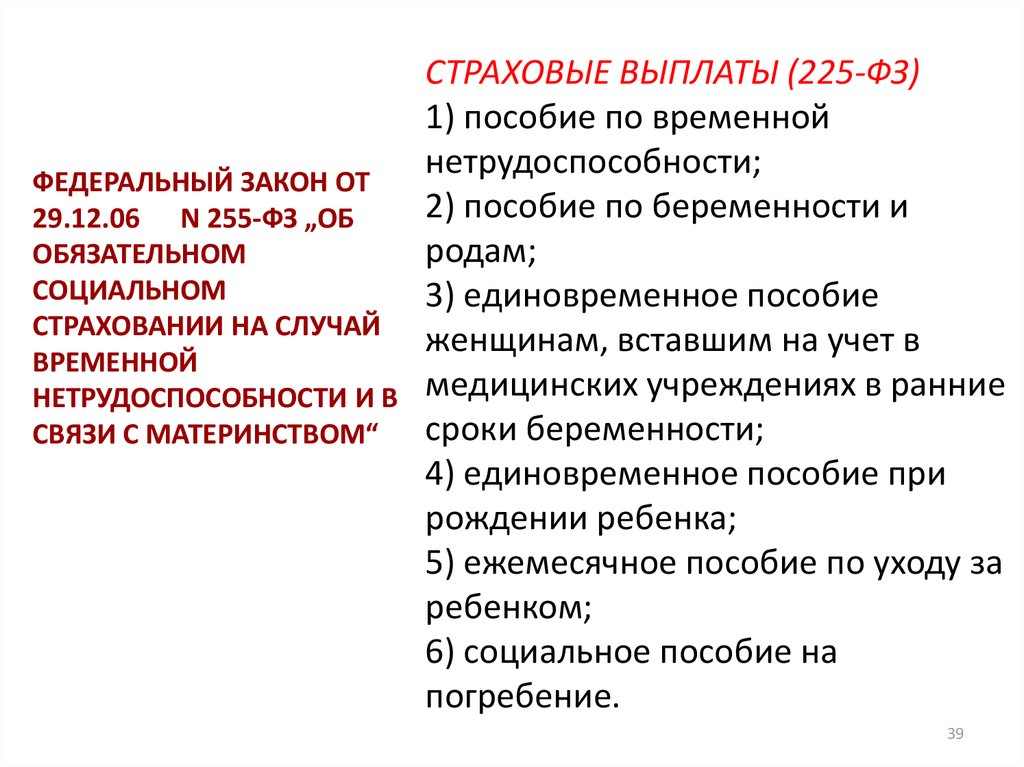 Страховой случай временной нетрудоспособности. ФЗ 255 страховые пособия. 225 ФЗ В связи с материнством. Выплаты по 225-ФЗ. 225 ФЗ кратко.