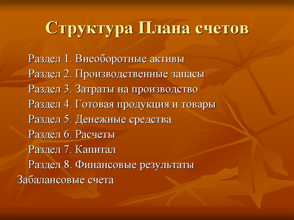 Структура плана. Структура плана счетов бухгалтерского учета. План счетов иерархия. Содержание разделов плана счетов.