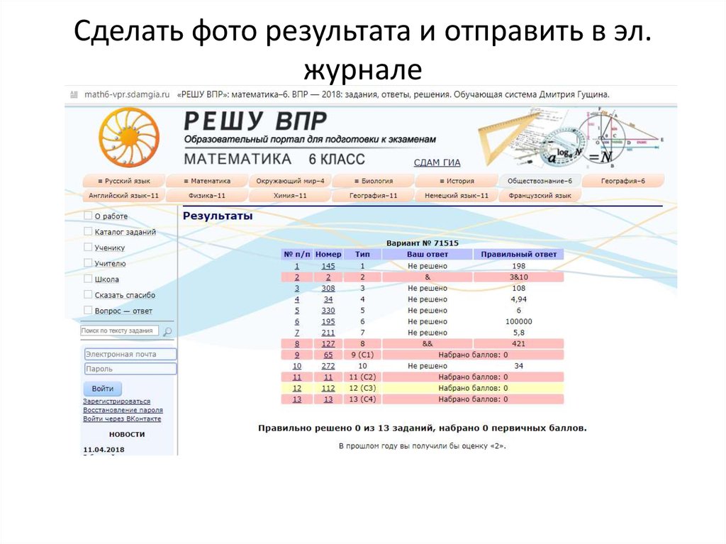 Сделать фото результата и отправить в эл. журнале