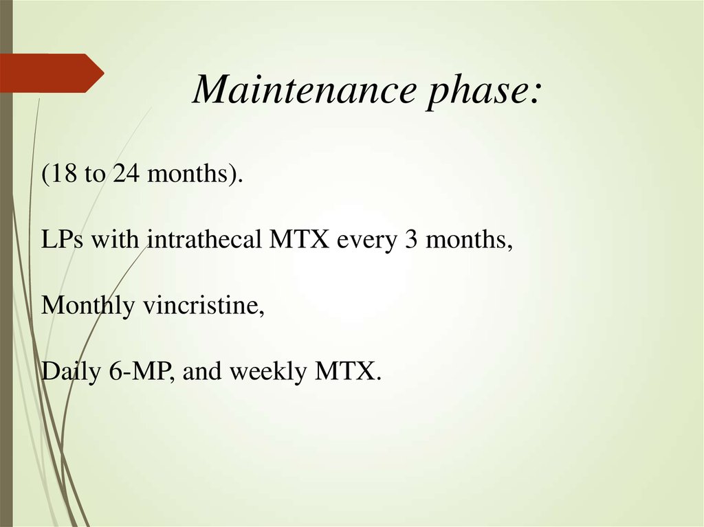 Maintenance phase: (18 to 24 months). LPs with intrathecal MTX every 3 months, Monthly vincristine, Daily 6-MP, and weekly MTX.