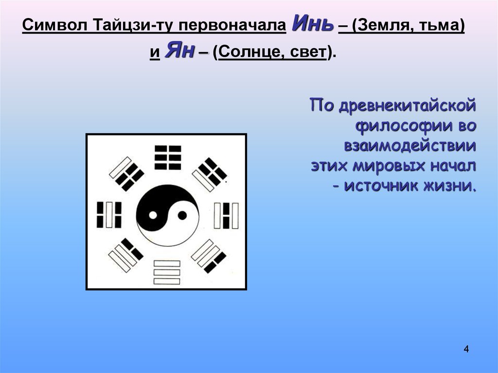 Символ Тайцзи-ту первоначала Инь – (Земля, тьма) и Ян – (Солнце, свет).