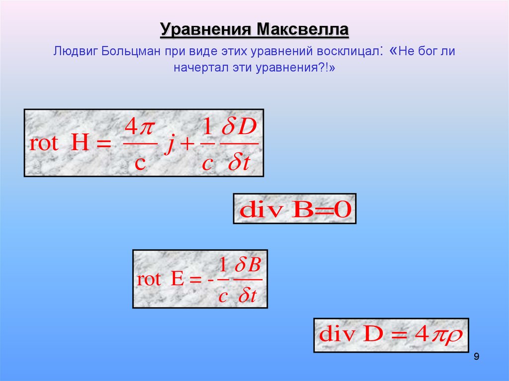 Уравнения Максвелла Людвиг Больцман при виде этих уравнений восклицал: «Не бог ли начертал эти уравнения?!»
