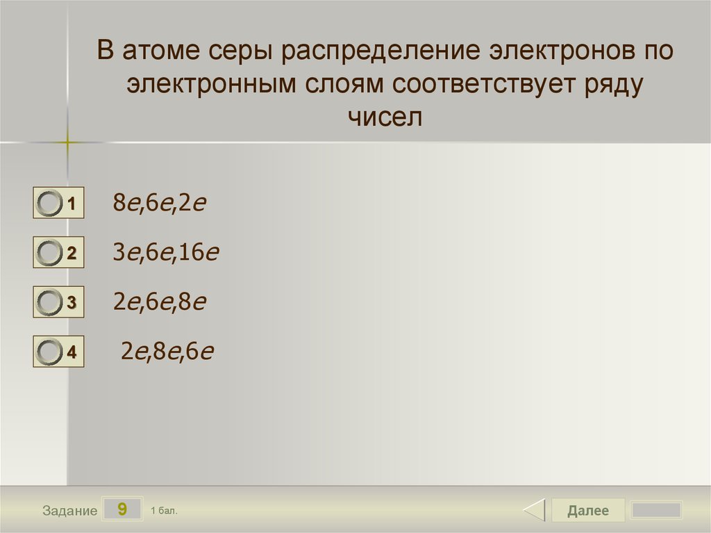 Атому серы соответствует электронная схема 16 тест