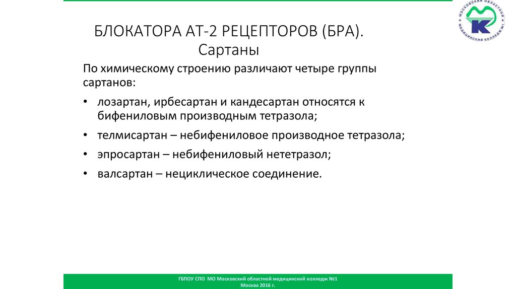 БЛОКАТОРА АТ-2 РЕЦЕПТОРОВ (БРА). Сартаны