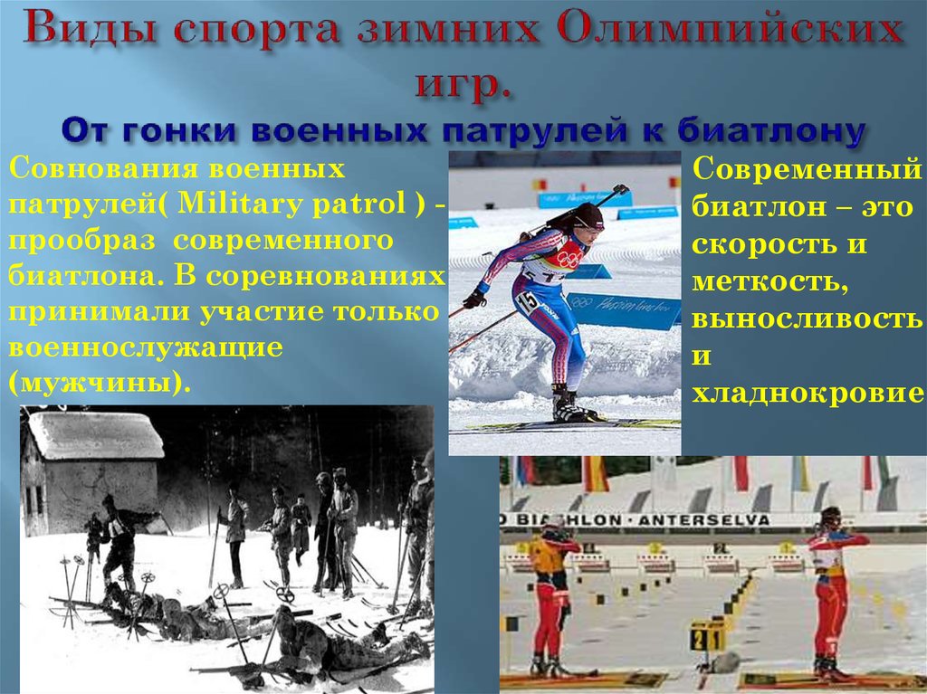 Виды спорта зимних Олимпийских игр. От гонки военных патрулей к биатлону