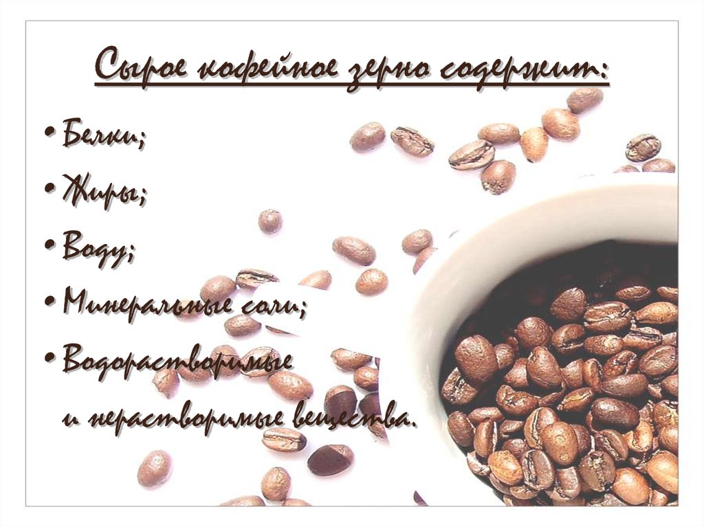 Сырое кофейное зерно содержит: