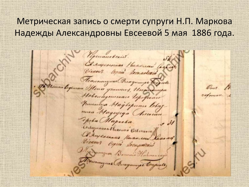 Метрическая запись о смерти супруги Н.П. Маркова Надежды Александровны Евсеевой 5 мая 1886 года.
