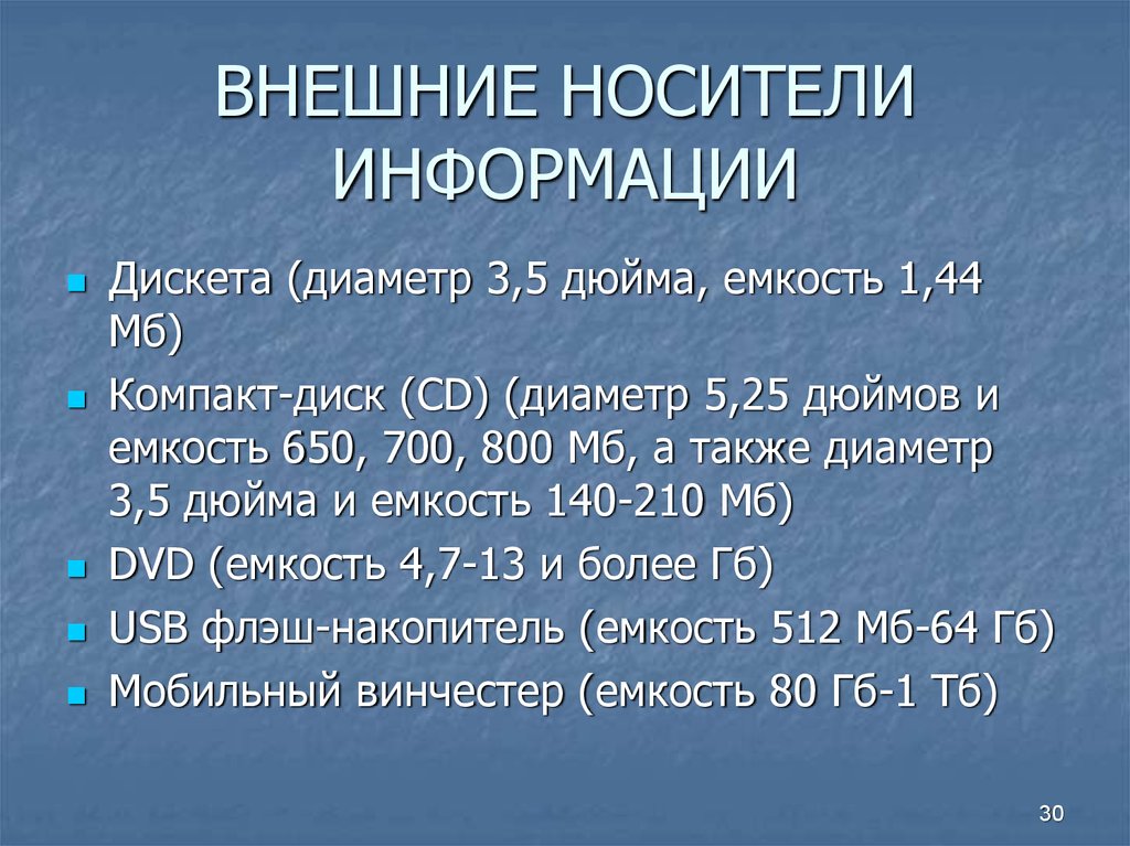 Внешние носители информации. Диаметр магнитных дисков носителей информации.